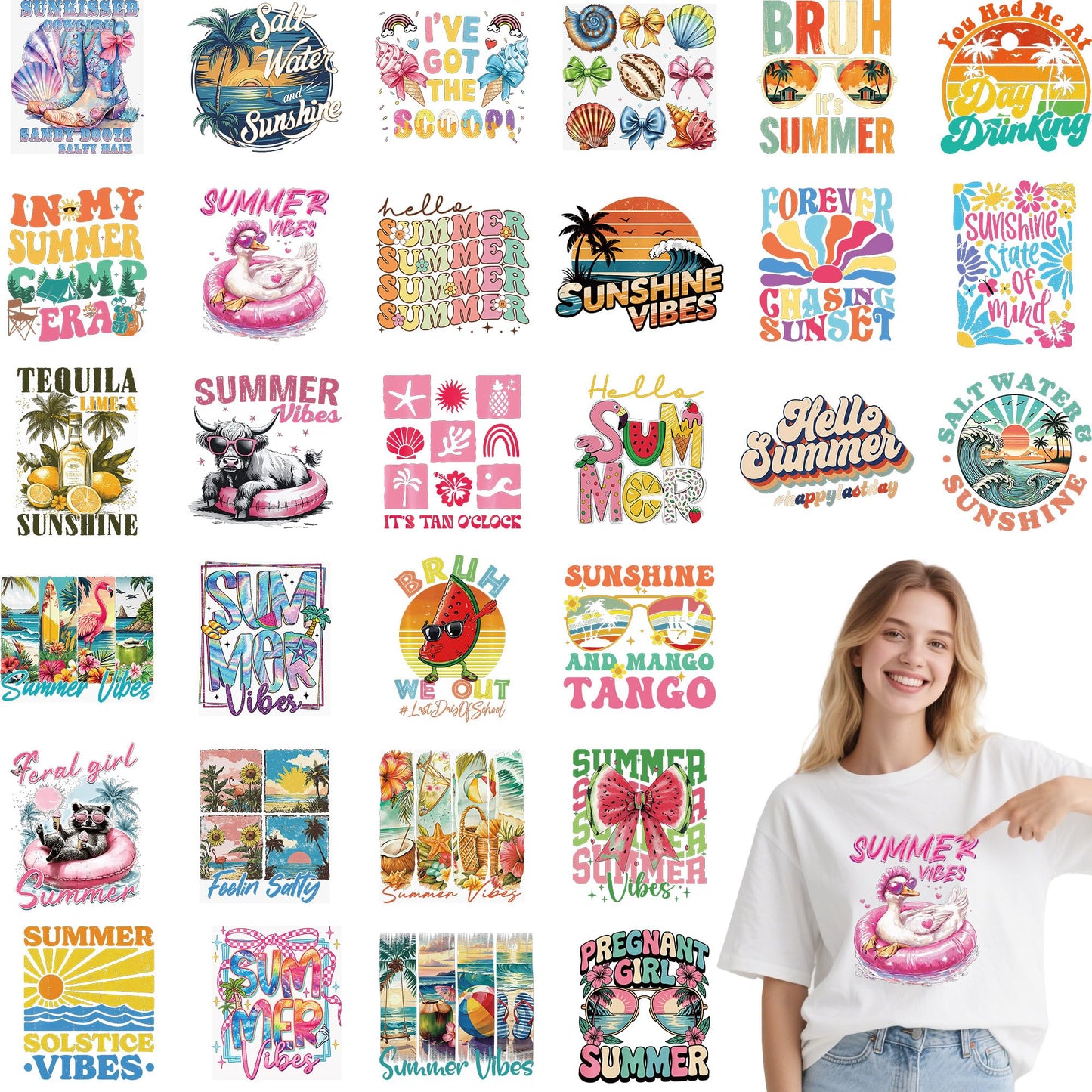 MOIZYNG 30 Sheets Summer Iron on Transfers for T-Shirts, Beach Vacation DTF Transfers Ready to Press Heat Transfers Vinyl, Retro Iron on Patches for Clothes Bag Pillow Covers DIY Crafts