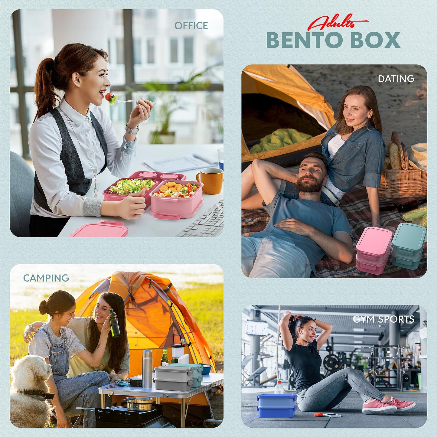 Jelife Bento Box Adult Lunch Box - 72oz Stackable Bento Lunch Box for Adults, 3 Layers All-in-One Large Bento Box Leak-Proof Lunchbox with Utensil Sauce Dressing Containers for Dining Out,Work, Green