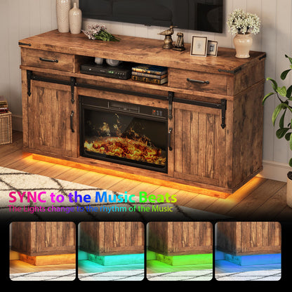 Jocoevol 58" Farmhouse Electric Fireplace TV Stand for TVs up to 65", Entertainment Center with 2 Large Storage Drawers, Sliding Barn Doors, Adjustable Shelves, TV Console for Living Room - Brown
