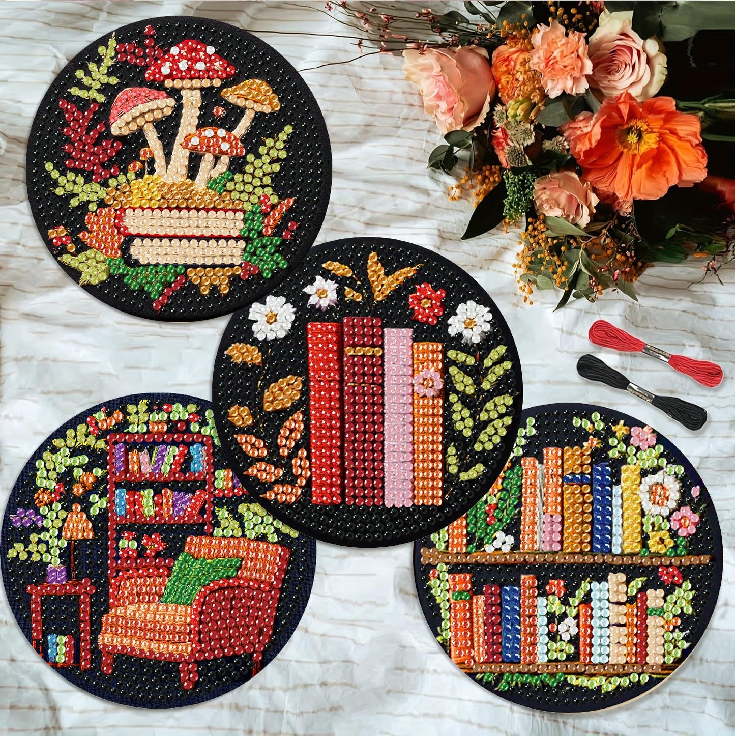 8 Pcs Bookshelf Diamond Art Coasters Kit - DIY 5D Small Diamond Painting Coasters with Holder, Mini Diamonds Arts Kits for Adults Coaster, Gem Art Arts and Crafts for Adults