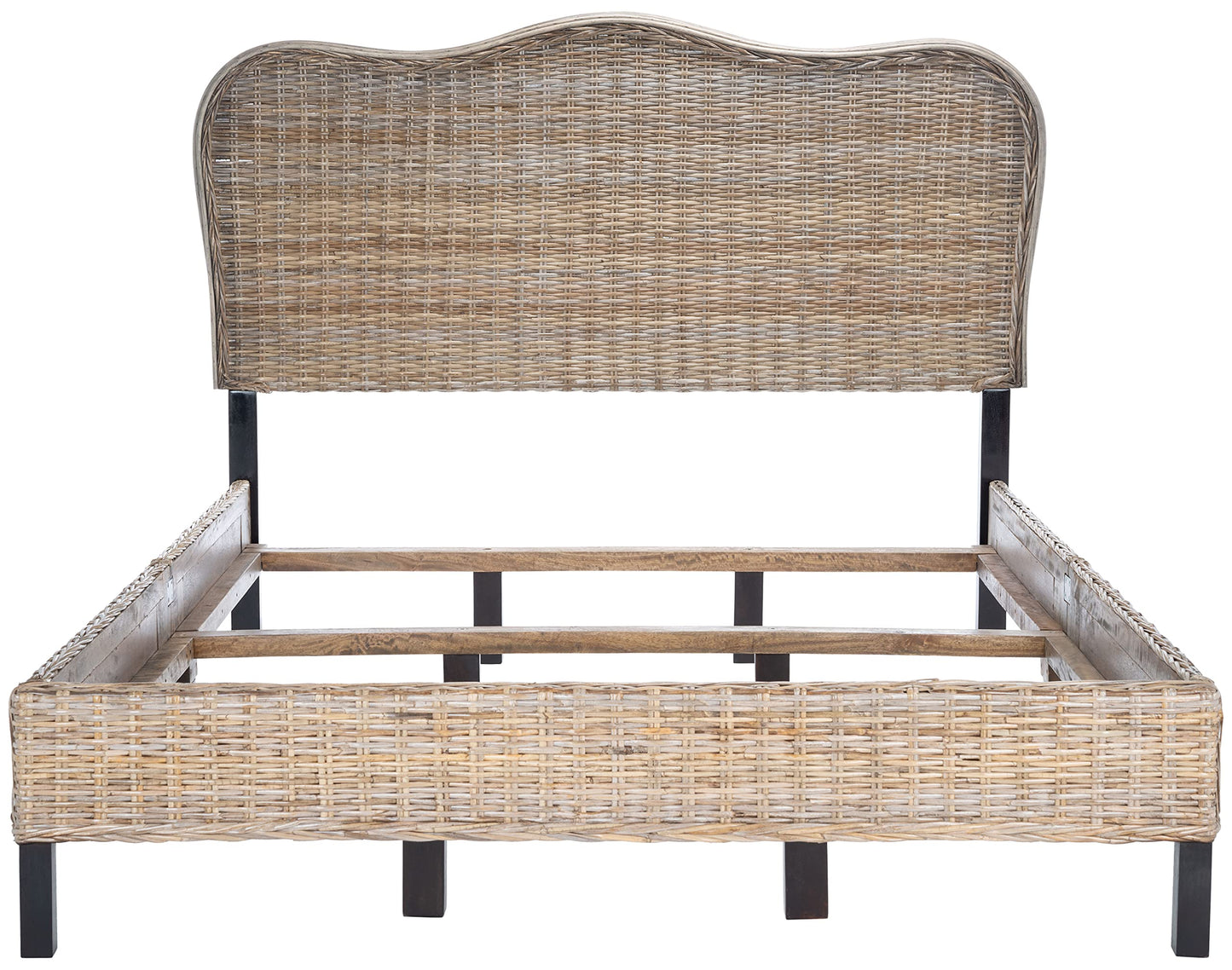 SAFAVIEH Home Collection Daejon Coastal Rattan Legs Camelback Headboard Full Size Bed BED8001A-F, Grey/Espresso