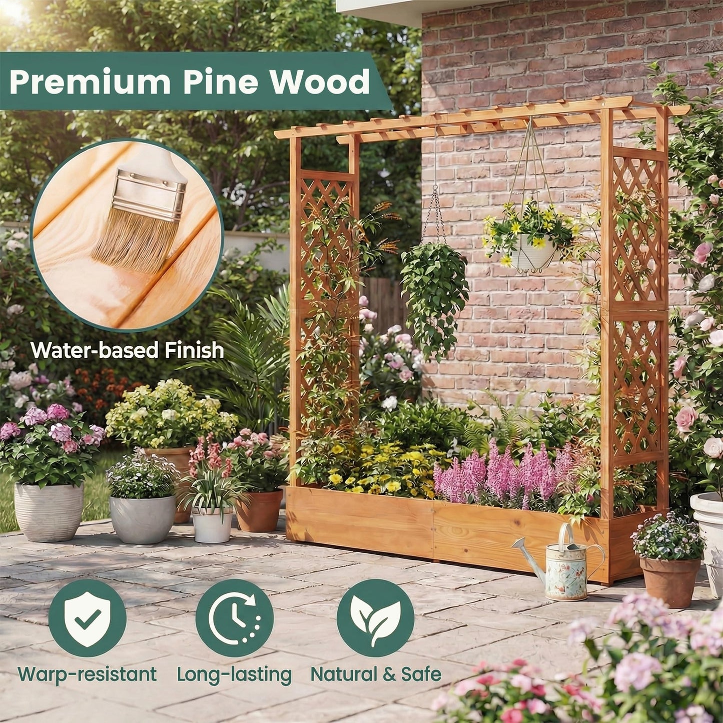 HAPPYGRILL Raised Garden Bed with Trellis, Freestanding Wood Planter Box w/Hanging Roof & Drainage Holes for Vine, Climbing Plants, Flowers, Outdoor Planter with Trellis for Garden, Patio, Yard (2)