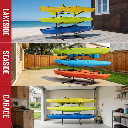 NIMBLERACK 3-Tier Kayak Storage Rack, Heavy Duty Free-Standing Canoe Stand 330lb, 304 Stainless Steel Anti-Snap Molded Joint, Adjustable Vertical Holder for Garage Outdoor Lakeside Seaside(Black)