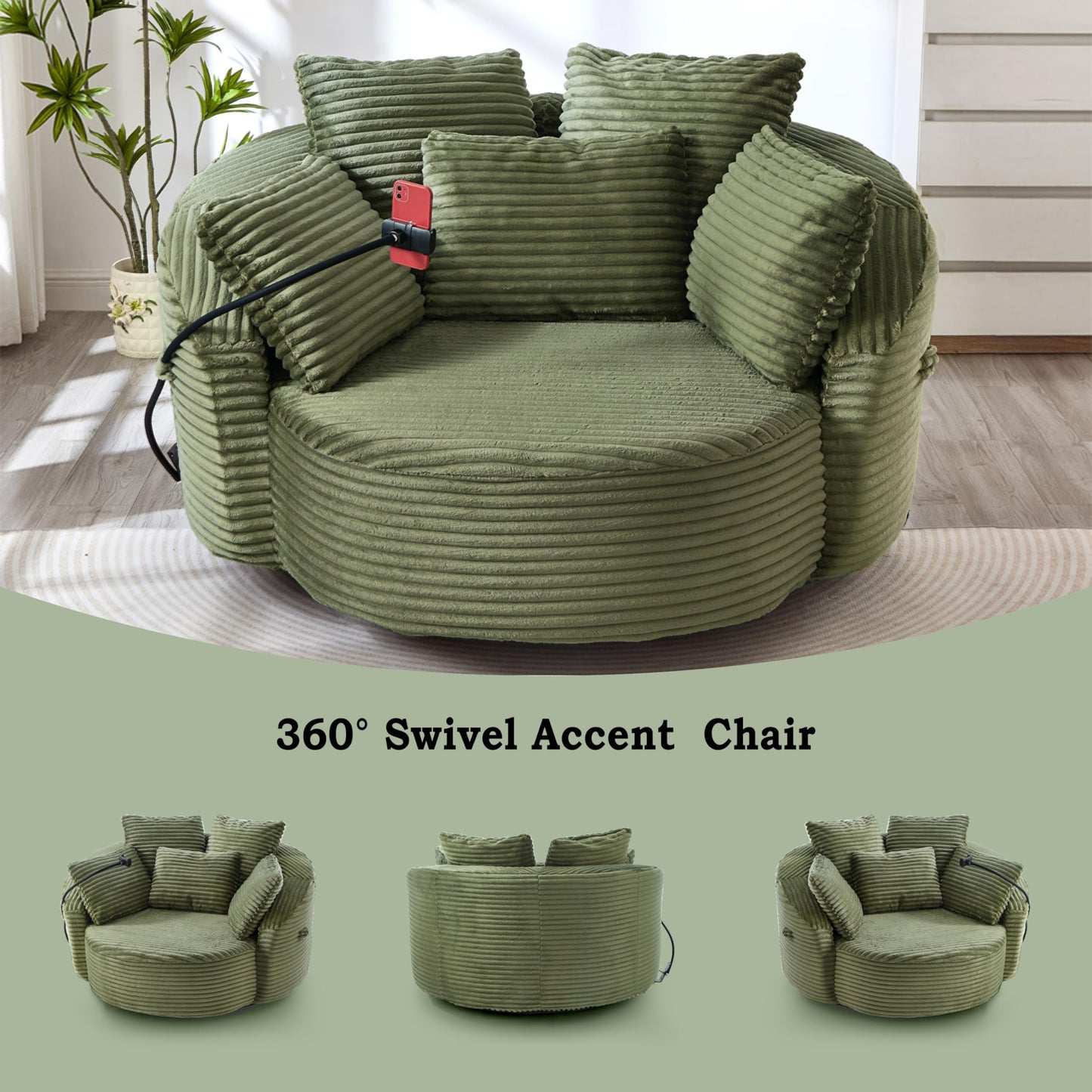 ERYE 360° Swivel Accent Barrel Chair Round Sofa Chaise with 5 Pillows and Adjustable Phone Holder, Modern Round Lazy Armchair for Living Room, Bedroom, Office and Hotel
