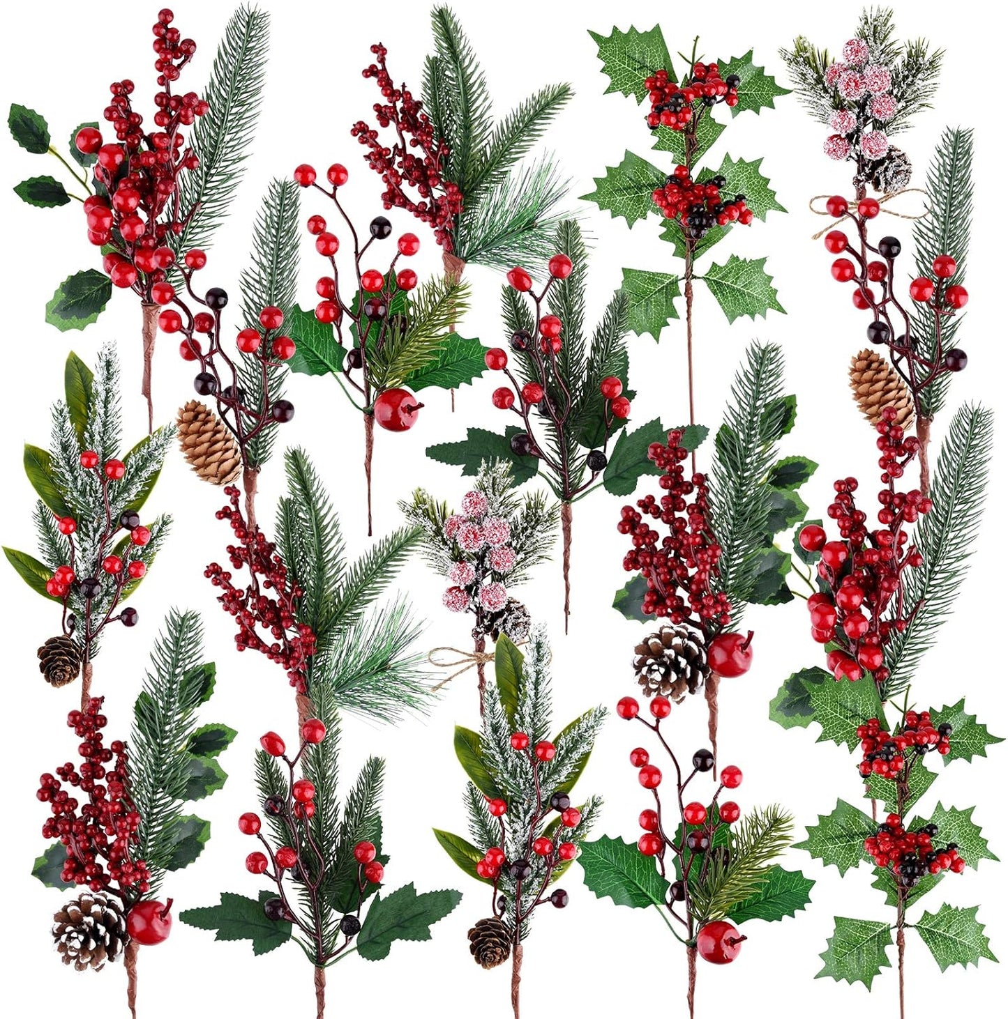 18 MIAHART Pcs Christmas Picks Artificial Pine Branches Red Berry Stems Pine Picks Spray with Pine Cone Apples Holly