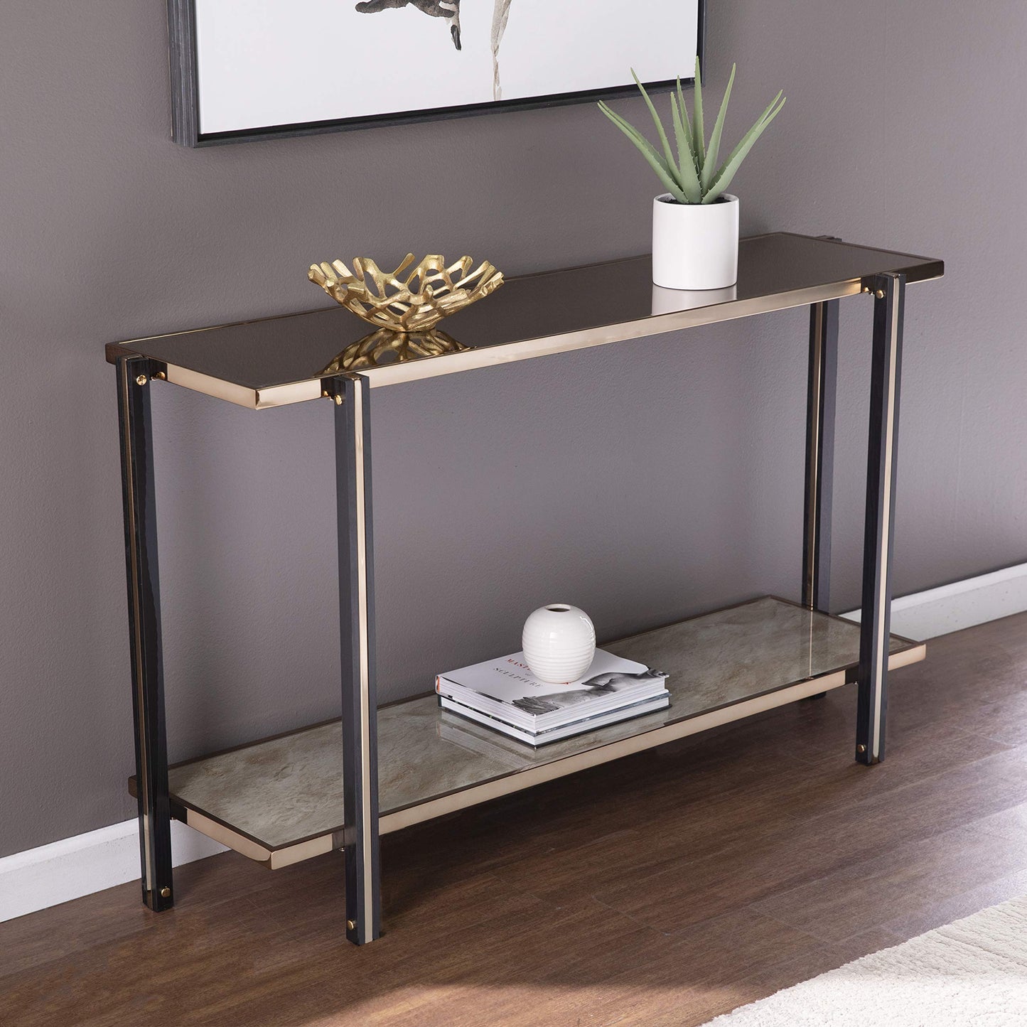 SEI Furniture - Thornsett Console Table with Mirrored Top - Transitional Design, Champagne Glass and Wood - Ideal for Entryway, Living Room (CK1131203)