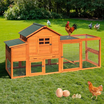 WHEGETED Large Chicken Coop Outdoor Durable Duck House Poultry Pet Hutch & 2 Wood Eggs Run Cage Nesting Box Waterproof Asphalt Roof Ramp Removable Tray Wire Fence for Backyard Small Animal79 Brown