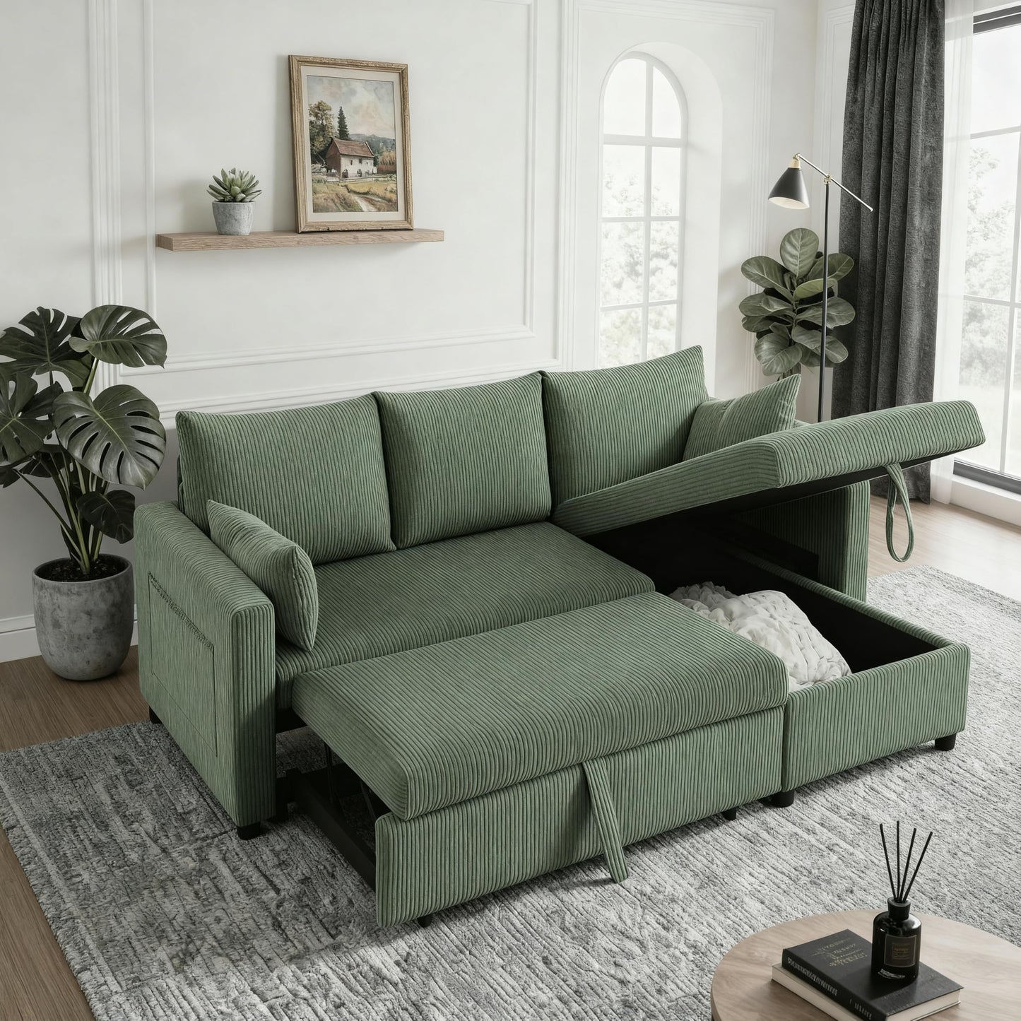 Trygoal Sectional Sleeper Sofa with Pull Out Bed, LShape Convertible Sofa Bed Couch with Storage Chaise, 3 in 1 Pull Out Sofa Bed with 3 Seats, for Living Room,Apartment, Green, 85Inch