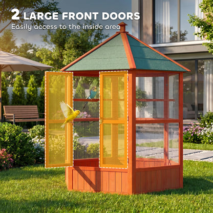 PawHut 69" Large Wooden Hexagonal Outdoor Aviary Flight Bird Cage with Covered Roof, Brown