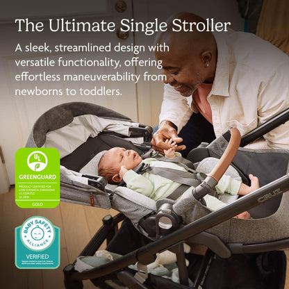UPPAbaby Cruz V3 Stroller - from Birth + Car Seat Compatible - Full-Size, Reversible Seat - Infant Insert, Bug and Rain Shields Included - Julian (Dusty Blue Mélange/Carbon Frame/Chestnut Leather)