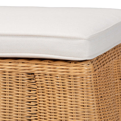 Bali & pari Palm Scallop Natural Rattan Ottoman with Cushion – Handwoven Wicker Accent Bench for Living Room, Bedroom or Entryway, Coastal Boho Style Accent Furniture, 46-inch Wide, Rectangular