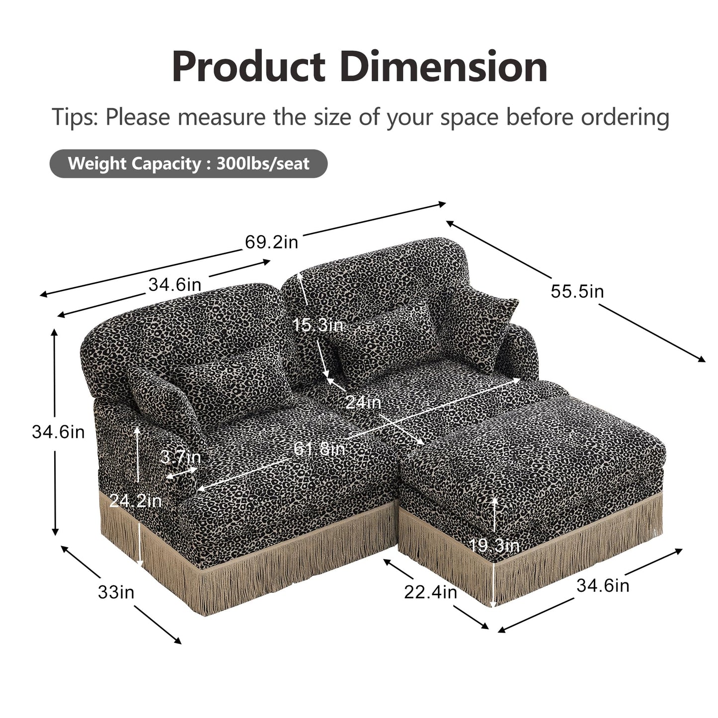 KEIKI 69.2" L Shaped Loveseat Sofa with Ottoman, Modular Chenille Leopard Print Couch with Tassel Trim, Deep Seat Sectional Sofa for Bedroom Lounge Setup