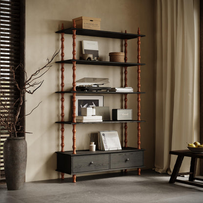 KEIKI 74.4 Inch Bookcase Shelf, 5 Tier Wood Book Shelf, Large Open Shelves with Storage Drawers, Solid Wood Veneered Free Standing Shelves for Living Room, Study Room, Black