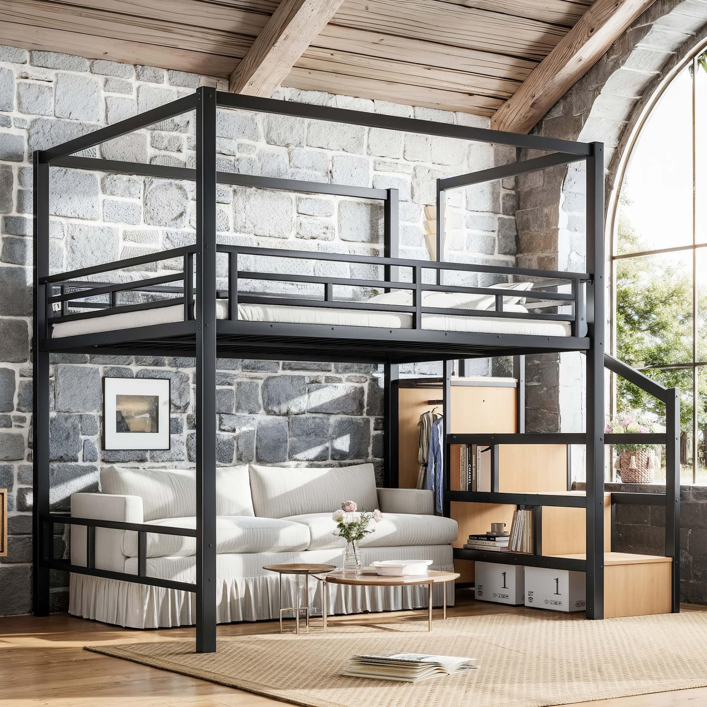 KEIKI Queen Size Metal Loft Bed Frame with with Canopy Frame & Storage Staircase & Wardrobe, Modern Loft Bed with Solid Slats & Guardrail, No Box Spring Required, Easy Assembly, for Bedroom, Black