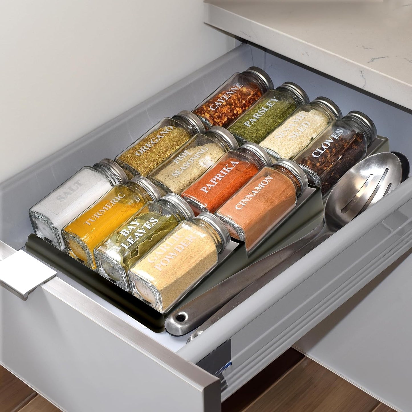 Spice Drawer Organizer - 3 Tier Kitchen Spice Rack Organizer for Drawer, Non-Skid Storage Tray