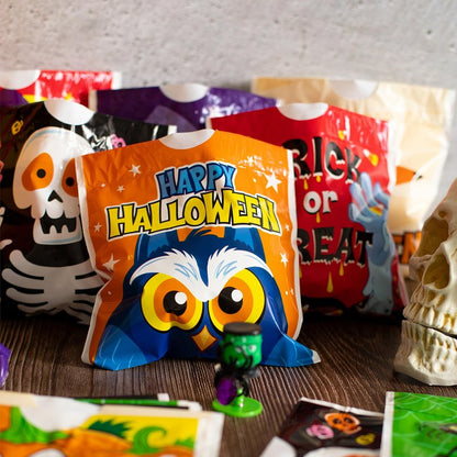 JOYIN 96PCS Halloween Drawstring Treat Bags, 6"x6" Halloween Goodie Candy Bags, 12 Designs Goody Gift Bag Bulk for Kids Boys Girls Trick or Treating, Classroom Party Favor Supplies