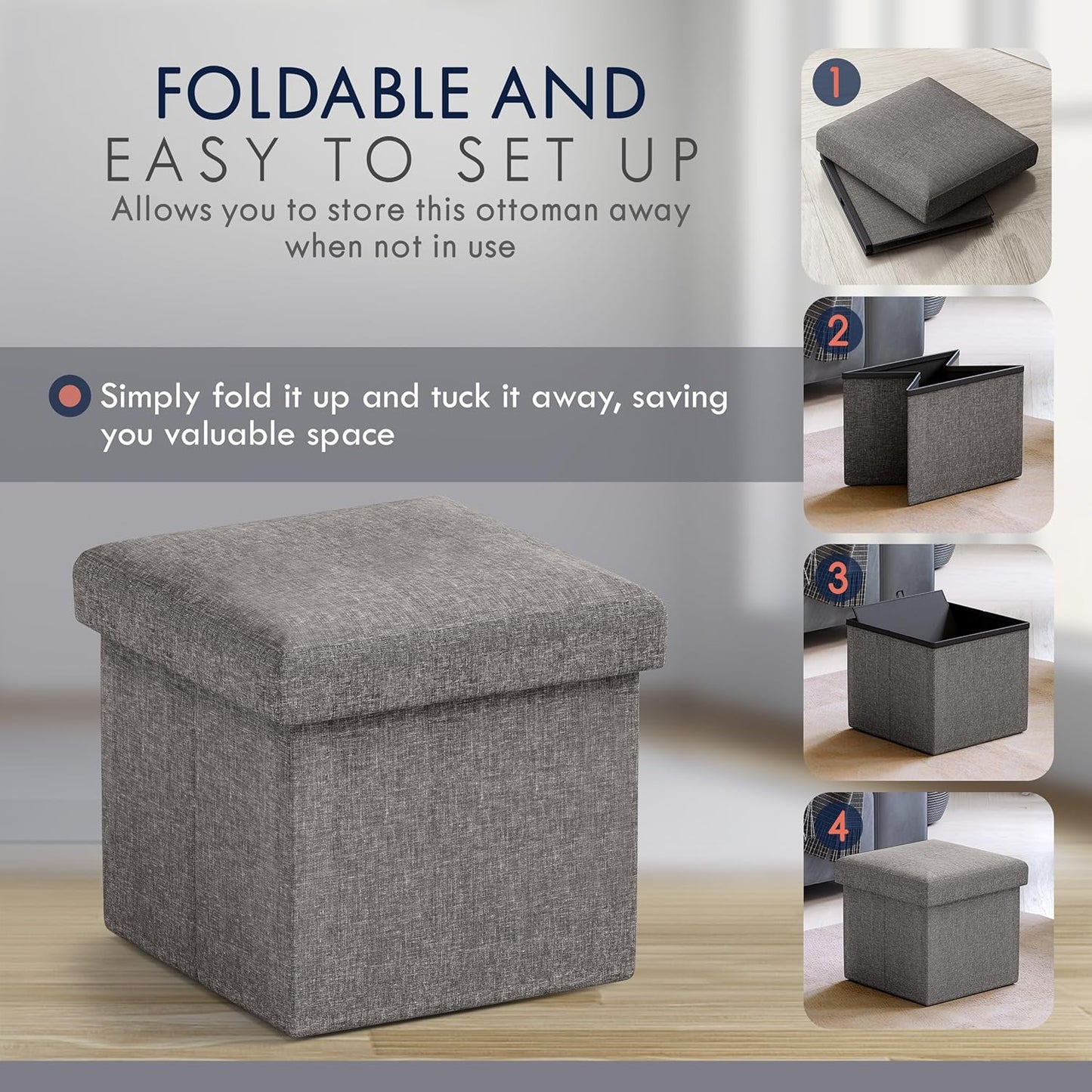 12 12 12, Ornavo Home Small Storage Ottoman Foldable Collapsible Cube Square Linen Ottoman Foot Rest Stool Seat