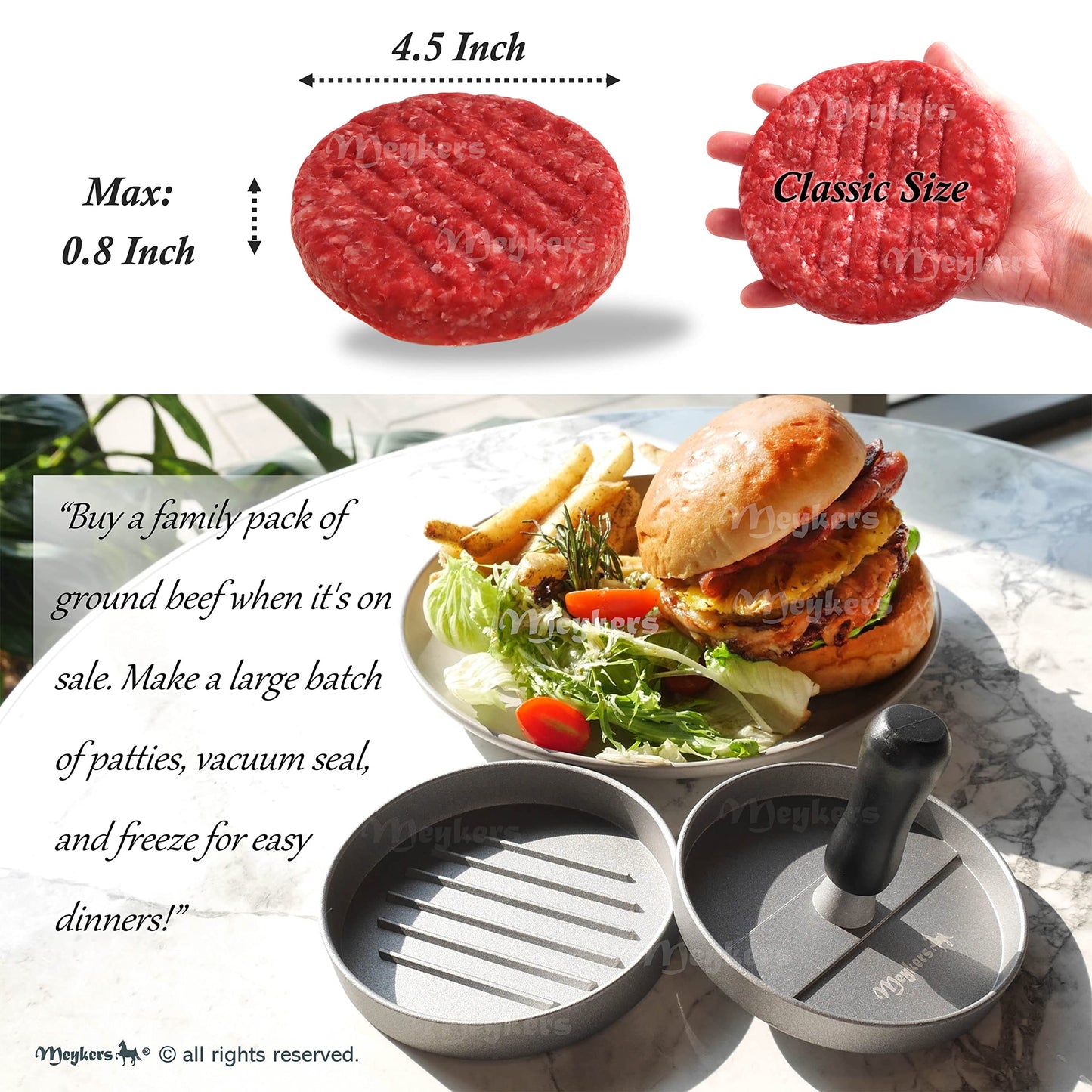 Meykers Burger Press 100 Patty Papers Set | Non-Stick Hamburger Press Patty Maker Mold with Free Wax Paper Sheets | Meat Beef Cheese Veggie Burger Maker for Grill Griddle BBQ Barbecue | BPA Free