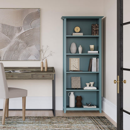 SIMPLIHOME Amherst Bookcase - 70 inch Tall 5-Shelf Solid Wood Bookshelf in French Blue, Transitional Storage for Living Room, Study Room or Office with Adjustable Shelves and Tapered Legs