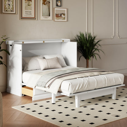 Merax Solid Pine Murphy Bed, Chest Cube Cabinet Bed with Charging Station and Large Storage Drawer for Home Office or Small Room, Full, White