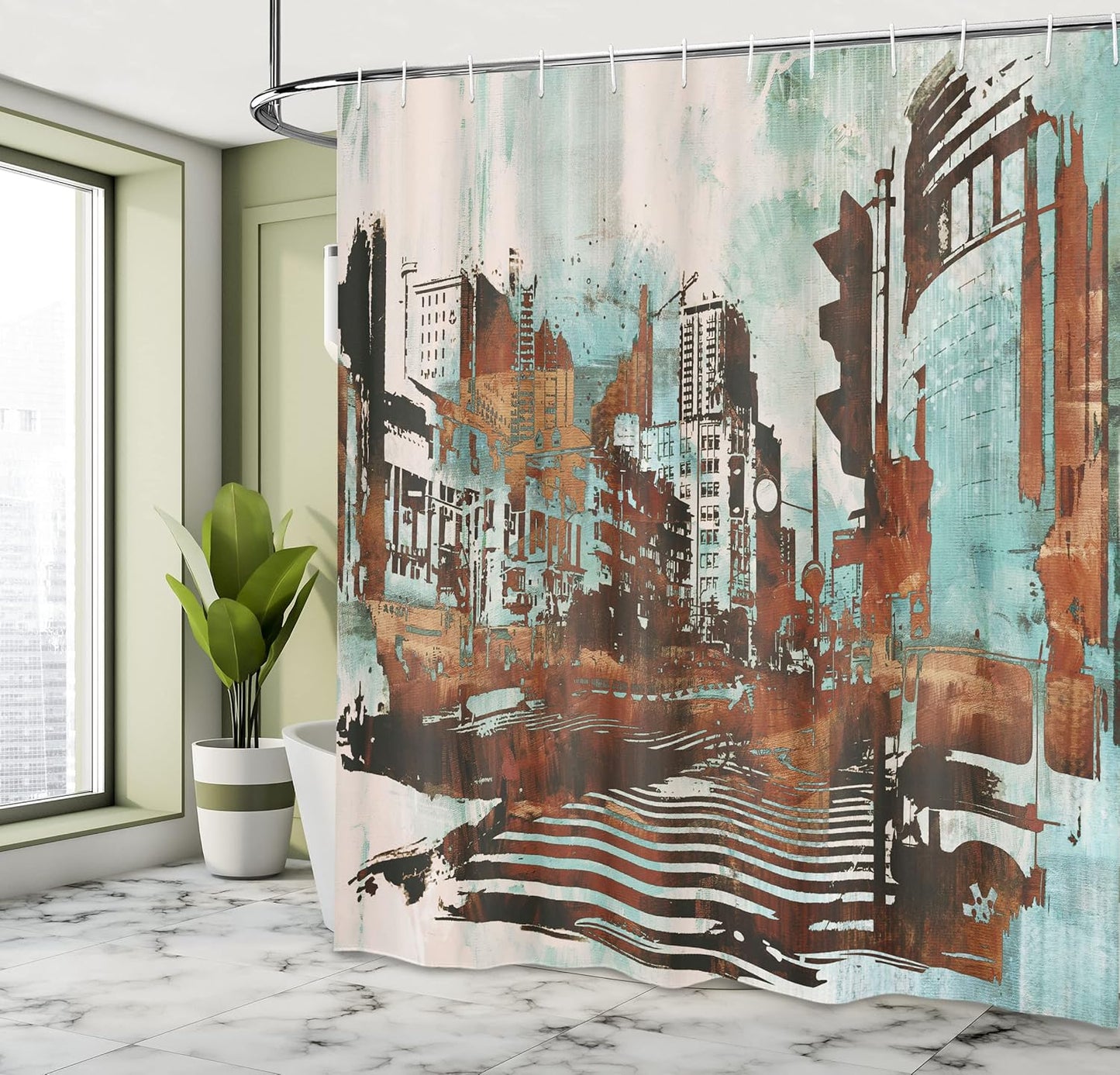 Ambesonne Grunge Shower Curtain, Urban Cityscape Abstract Acrylic Paint Style, Cloth Fabric Bathroom Decor Set with