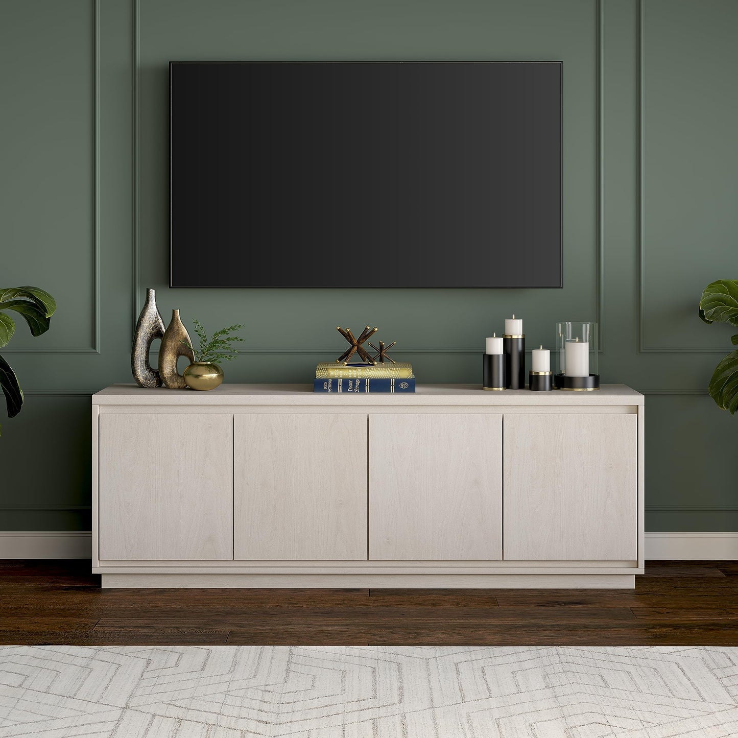 Henn&Hart TV Stand for TVs up to 75'' with 2 Concealed Storage Cabinets and Adjustable Shelves for Living Room, Family Room, or Office, Alder White