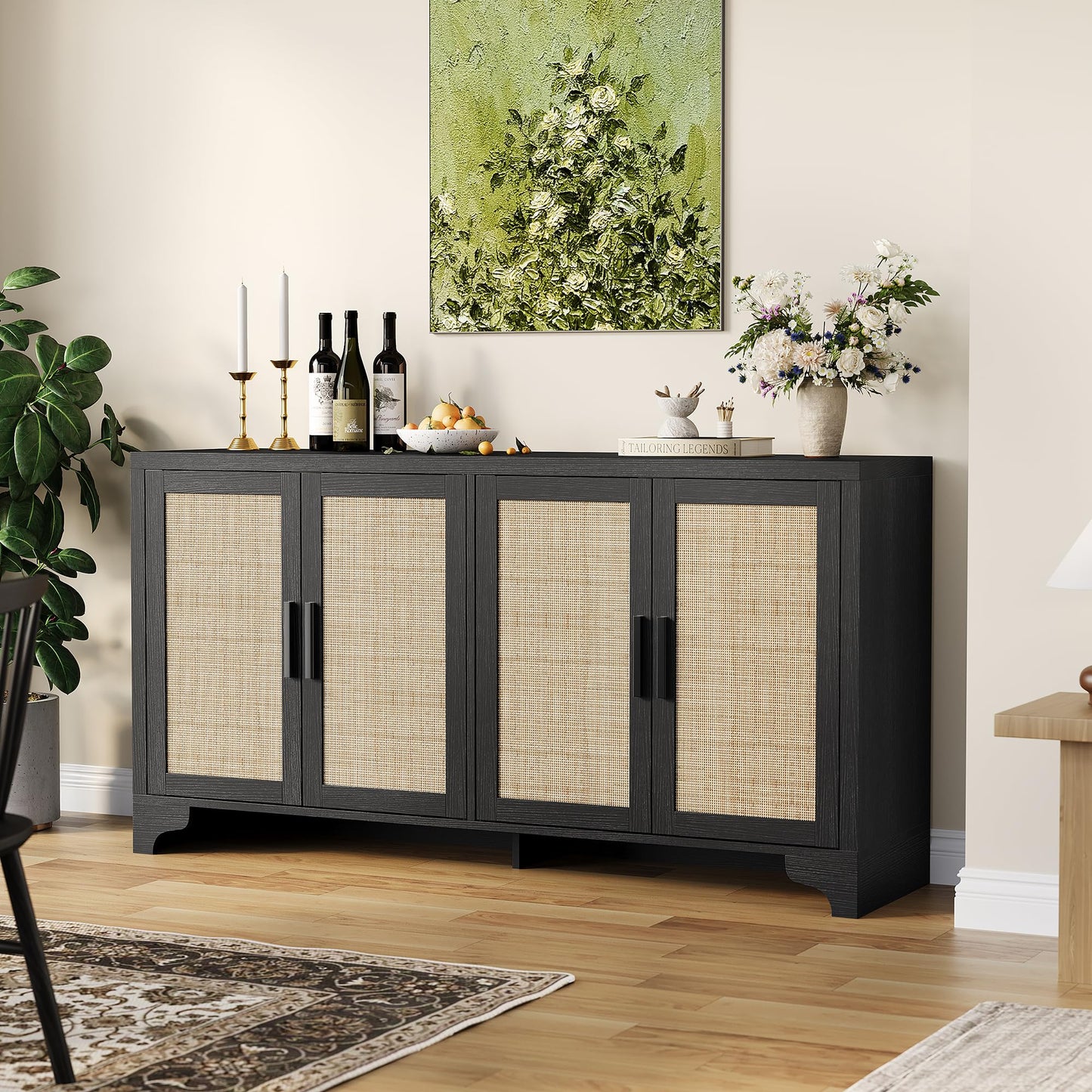 Garvee Natural Rattan Storage Cabinet with Shelves, 4-Door Sideboard Buffet Cabinet, Boho TV Stand Console Table for Living Room, Entryway, Dinning Room