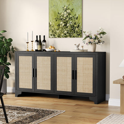Farmhouse Large Sideboard Buffet with Natural Rattan Doors, 4-Door Storage Cabinet for Kitchen, Living Room, or Entryway, Spacious Storage Solution, Rustic Accent Cabinet for Home Organization