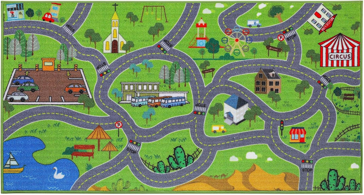 32"x60" BEQHAUSE Kids Play Mat, Green City Map Race Track Children Rugs Great for Playing with Cars, Play Area Rug Road
