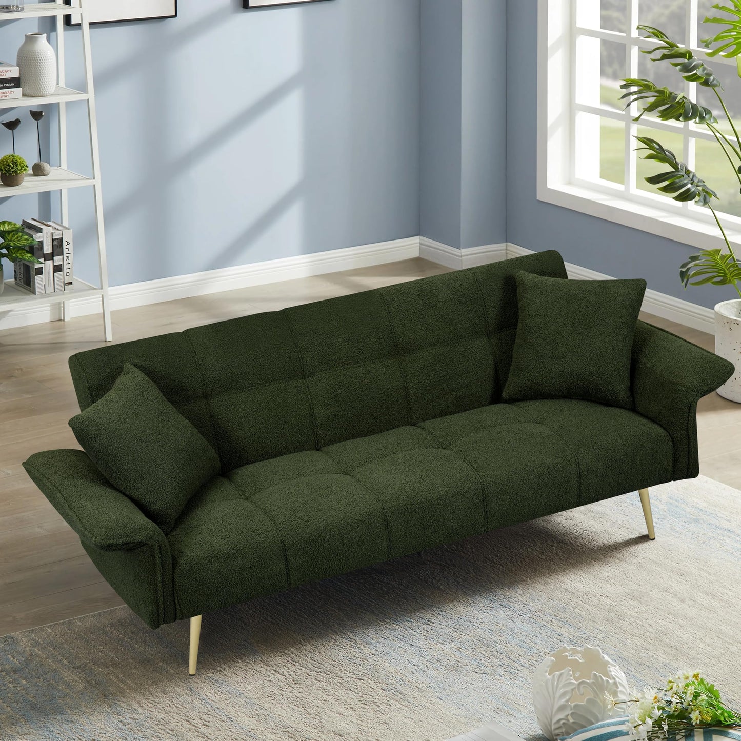 KEIKI Upholstered Loveseat Sofa, 70" Convertible Futon Sofa Bed with Adjustable Arms and Backrest, Removable Pillow Cover, Comfy Cushion, Teddy Fleece Love Seat Couches for Bedroom, Apartment, Green