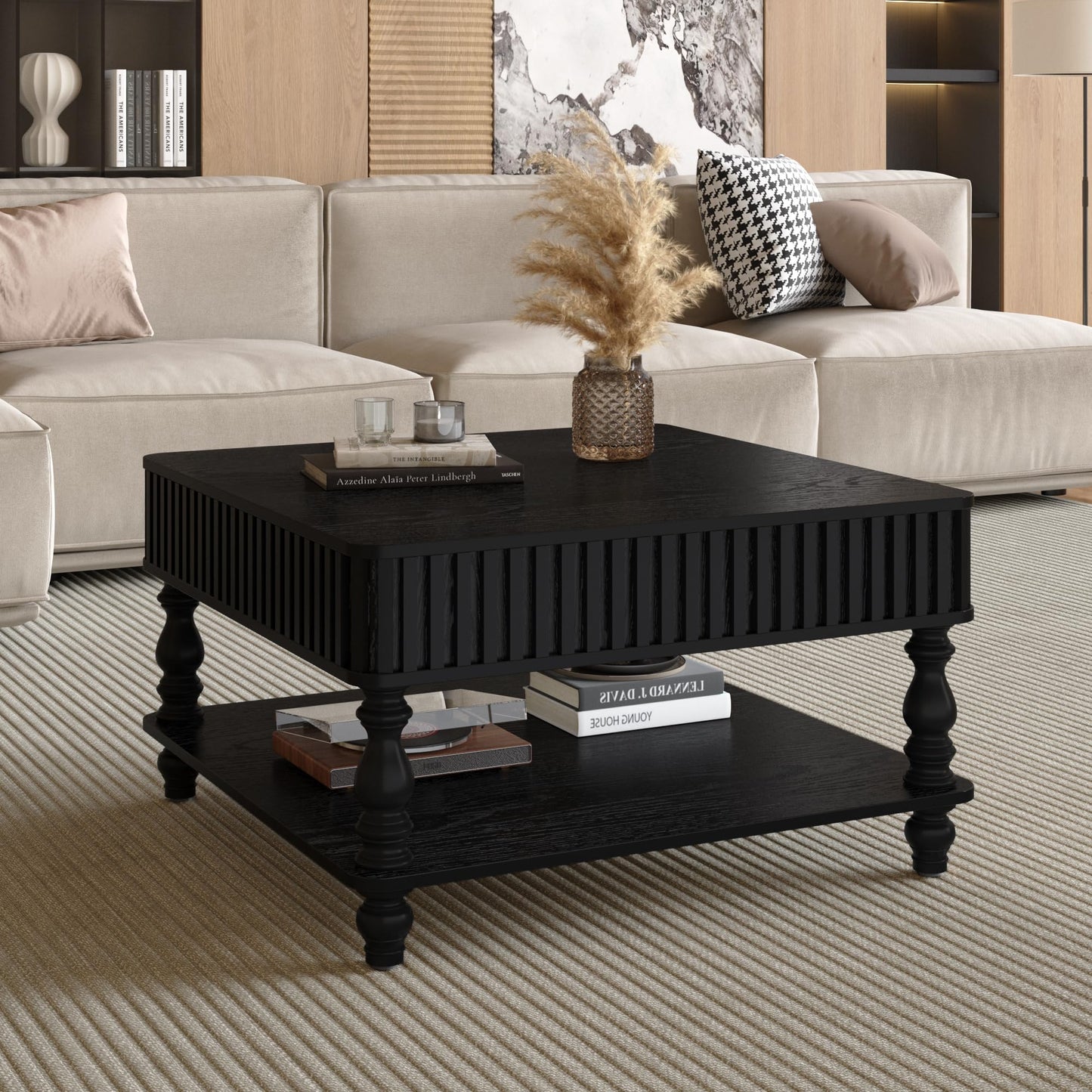 KEIKI 31.5" Square Lift Top Wood Coffee Table with Hidden & Open Storage,Hydraulic Raising Mechanism for Living Room