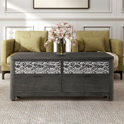 Furniture of America Selyra Modern Contemporary Solid Wood 46-inch Lift-top Rectangular Coffee Table with Dented Stainless Steel Accents, Wire Brush and Ball-Bearing Glides for Living Room, Ash Gray