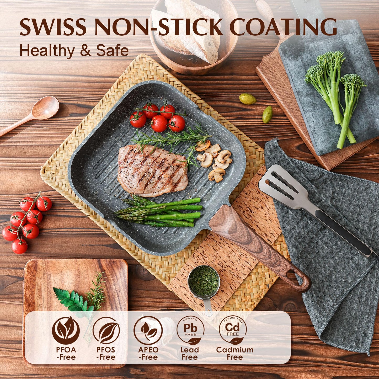 SENSARTE Nonstick Grill Pan for Stove Tops, Versatile Griddle with Pour Spouts, Square Big Cooking Surface, Durable Skillet Indoor & Outdoor Grilling. PFOA Free,12Inch