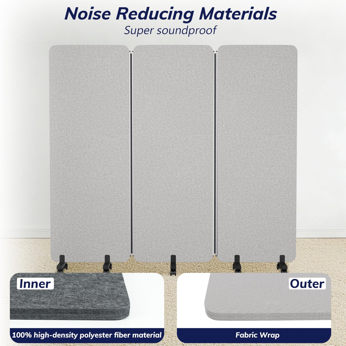 KERRAM 3 Panel Foldable Office Partitions, Mobile Cubicle Wall with Wheels, 71 x 66 Inch Noise Cancelling & Sound Proof Room Dividers Partition Wall, Aluminum Frame Gray