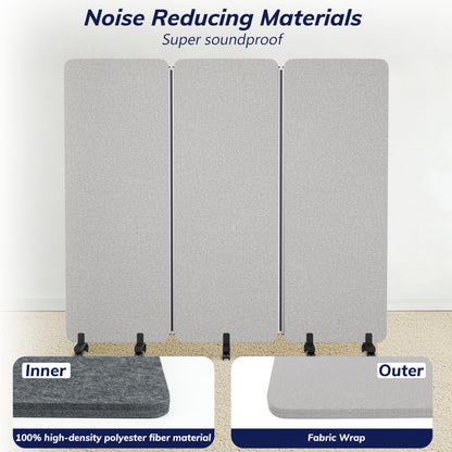 KERRAM 3 Panel Foldable Office Partitions, Mobile Cubicle Wall with Wheels, 71 x 66 Inch Noise Cancelling & Sound Proof Room Dividers Partition Wall, Aluminum Frame Gray
