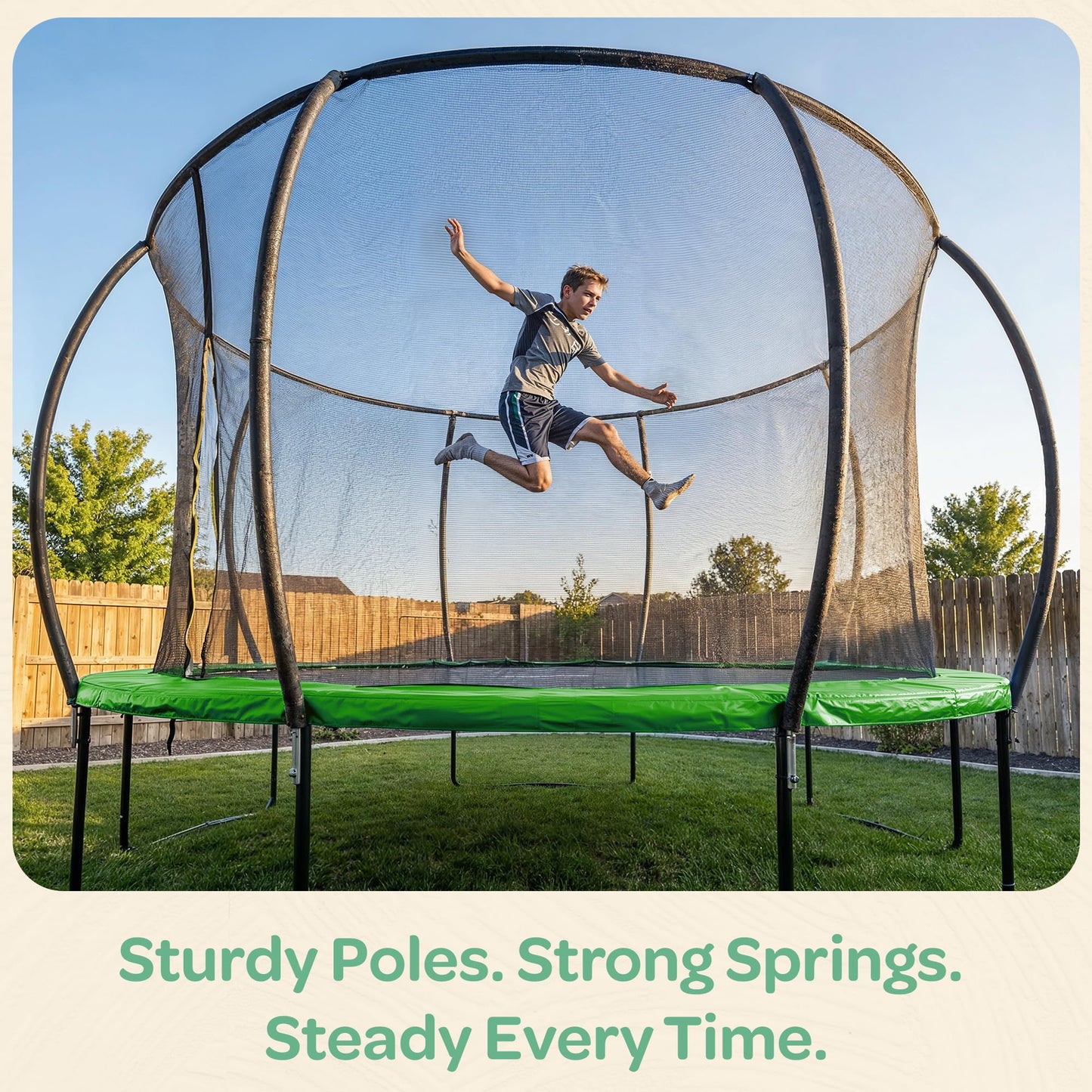 JoyBerri Trampoline Outdoor - Upsurge ASTM Certified Safe 8Ft 10Ft 12Ft 14Ft 15Ft 16Ft Recreational Trampoline for Kids and Adults. Anti-Rust Coating with Enclosure Net, Ladder, Sprinkler & LED Lights