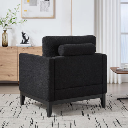 KEIKI 35.4" W Accent Chair with 2 Pillows, Farmhouse Boucle Upholstered Single Sofa with Wood Legs for Living Room & Office, Black