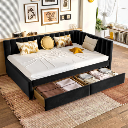 KEIKI Full Size Upholstered Daybed with Storage Drawers, L-Shaped Corner Bed Frame with Velvet Headboard, Modern Space-Saving Captain’s Bed for Living Room or Guest Room, Black