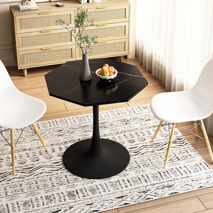 SPOFLYINN 31.50" Modern Octagonal Coffee Table with Printed White Marble Table Top Metal Base for Dining Room Kitchen Living Room Marble