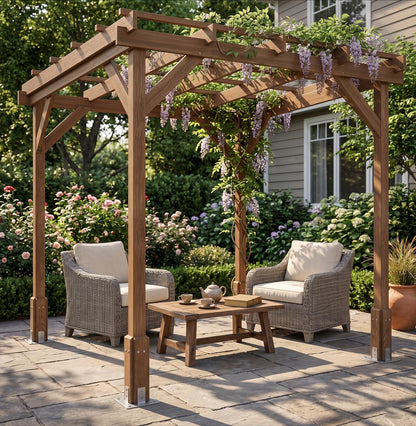 6.5x6.5 FT Outdoor Wood Pergola, Natural Fir Wood Patio Pergola with Reinforced Frame, Open Roof for Climbing Plants, Garden Backyard Deck Shade Structure, Dark Brown