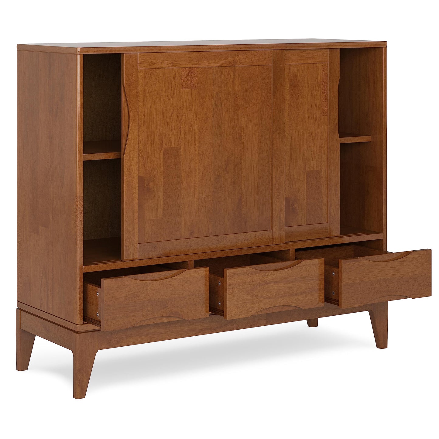SIMPLIHOME Harper Medium Storage Cabinet - 48 inch Wide Solid Hardwood Sliding Door Cabinet in Teak Brown, Mid-Century Modern Cupboard for Living Room or Entryway with 3 Drawers and Tapered Legs