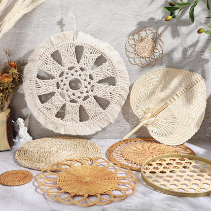 Tatuo 8 Sets Boho Wall Basket Decor Woven Rattan Flat Baskets Round Handmade Wicker Bamboo Hanging Rustic Elegant Tassels Wall Art for Farmhouse Bedrooms Living Rooms Table Kitchen Decorations