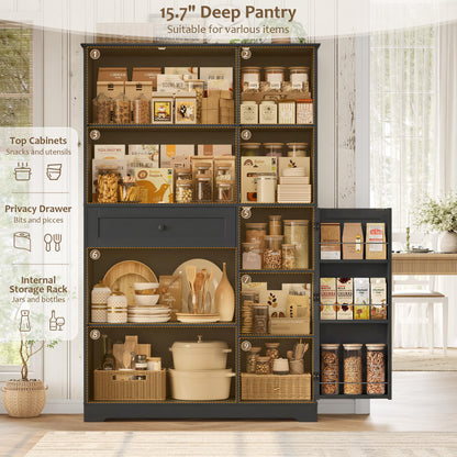 HOSTACK 68" Tall Kitchen Pantry Storage Cabinet, Modern Kitchen Hutch Cabinet with Doors and Shelves, Freestanding Food Pantry with Large Storage Drawer for Dining Room, Living Room, Black