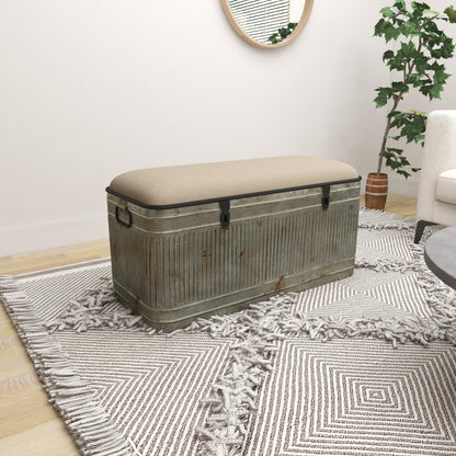 Deco 79 Metal Room Storage Bench Galvanized Entryway Bench with Cream Burlap Top and Black Latches, Bench 38" x 16" x 19", Gray