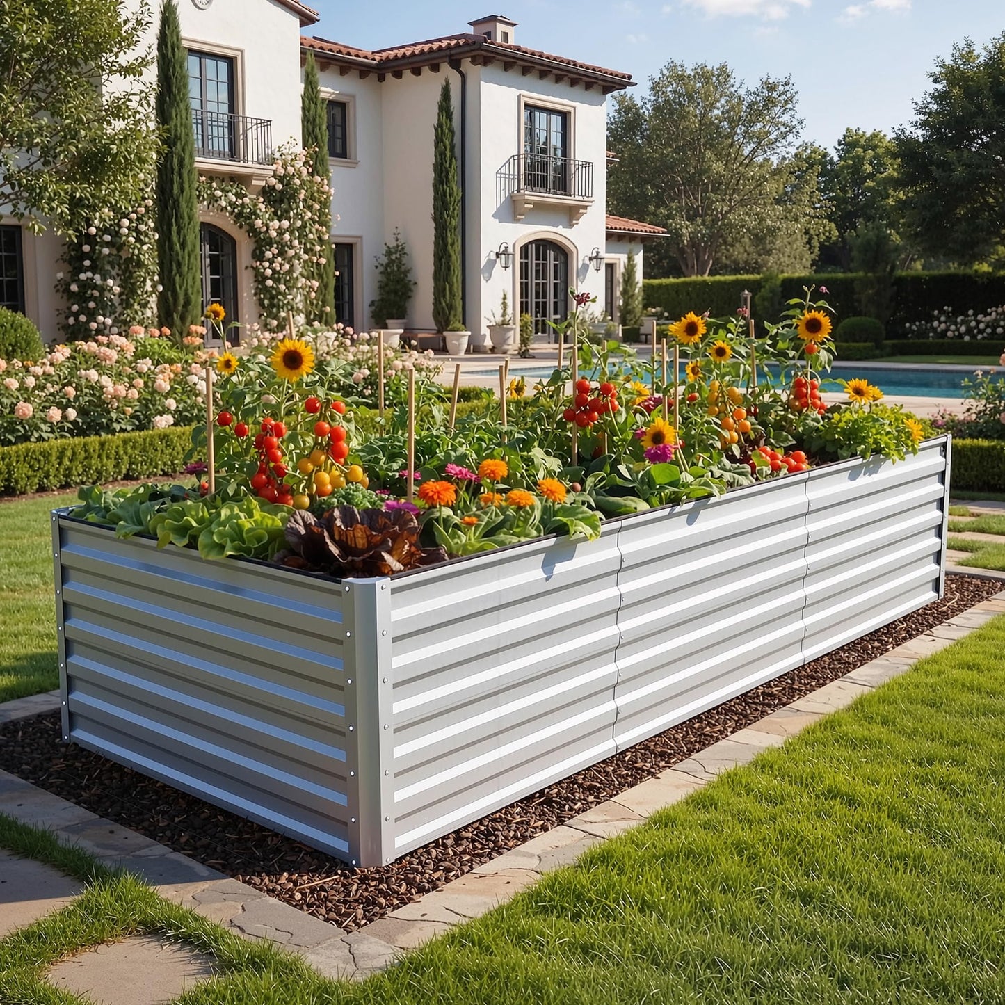 YITAHOME 8x4x2 ft 4pcs Galvanized Raised Garden Bed Kit, Large Metal Planter Box with Gloves, Safety Rubber & Support Rod, Outdoor Flower Bed for Plants Vegetables, Silver
