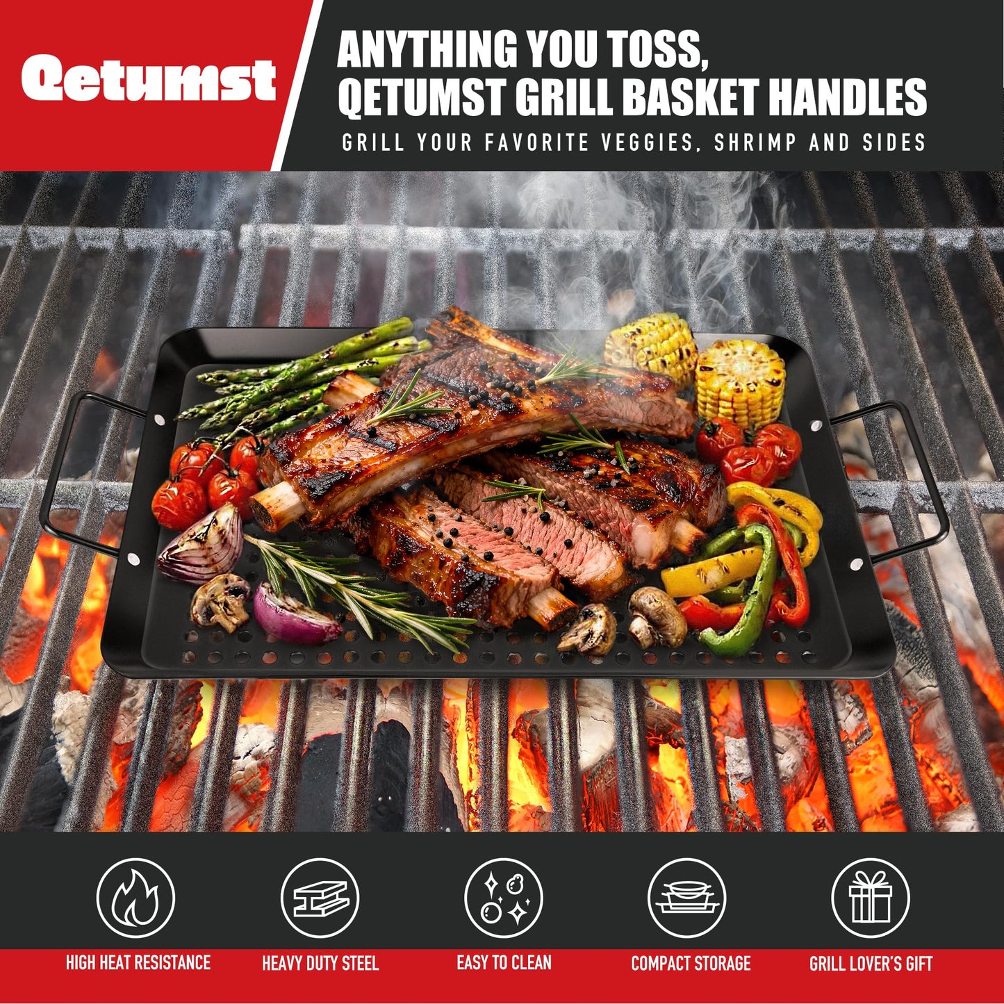 Qetumst Large 3 Piece Grill Basket Set for Outdoor Grill, Heavy Duty Veggie Grilling Pan with Riveted Handles, Warp Resistant Nonstick BBQ Accessories for Vegetables, Seafood & Meat