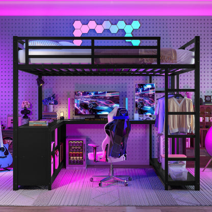 KEIKI Loft Bed Queen Size with Desk and Storage, Metal Bedframe with Shelves and Safety Guardrail, No Box Spring Needed, Space Saving, for Teens & Adults, Black