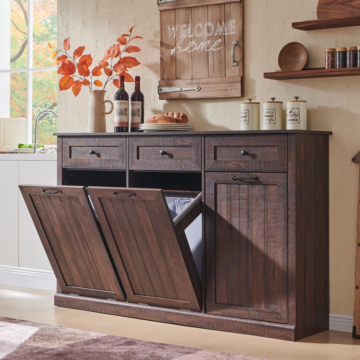 IFBUY Triple Tilt Out Laundry Hamper Cabinet, 20 Gallon Farmhouse Trash Can Cabinet w/Drawer & Adjustable Shelf, Hidden Garbage Can Bin Cabinets w/Laundry Basket for Bathroom, Kitchen (Brown)