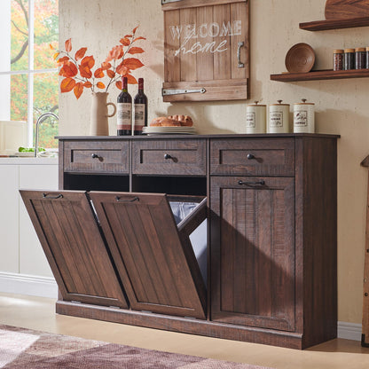 IFBUY Triple Tilt Out Laundry Hamper Cabinet, 20 Gallon Farmhouse Trash Can Cabinet w/Drawer & Adjustable Shelf, Hidden Garbage Can Bin Cabinets w/Laundry Basket for Bathroom, Kitchen (Brown)