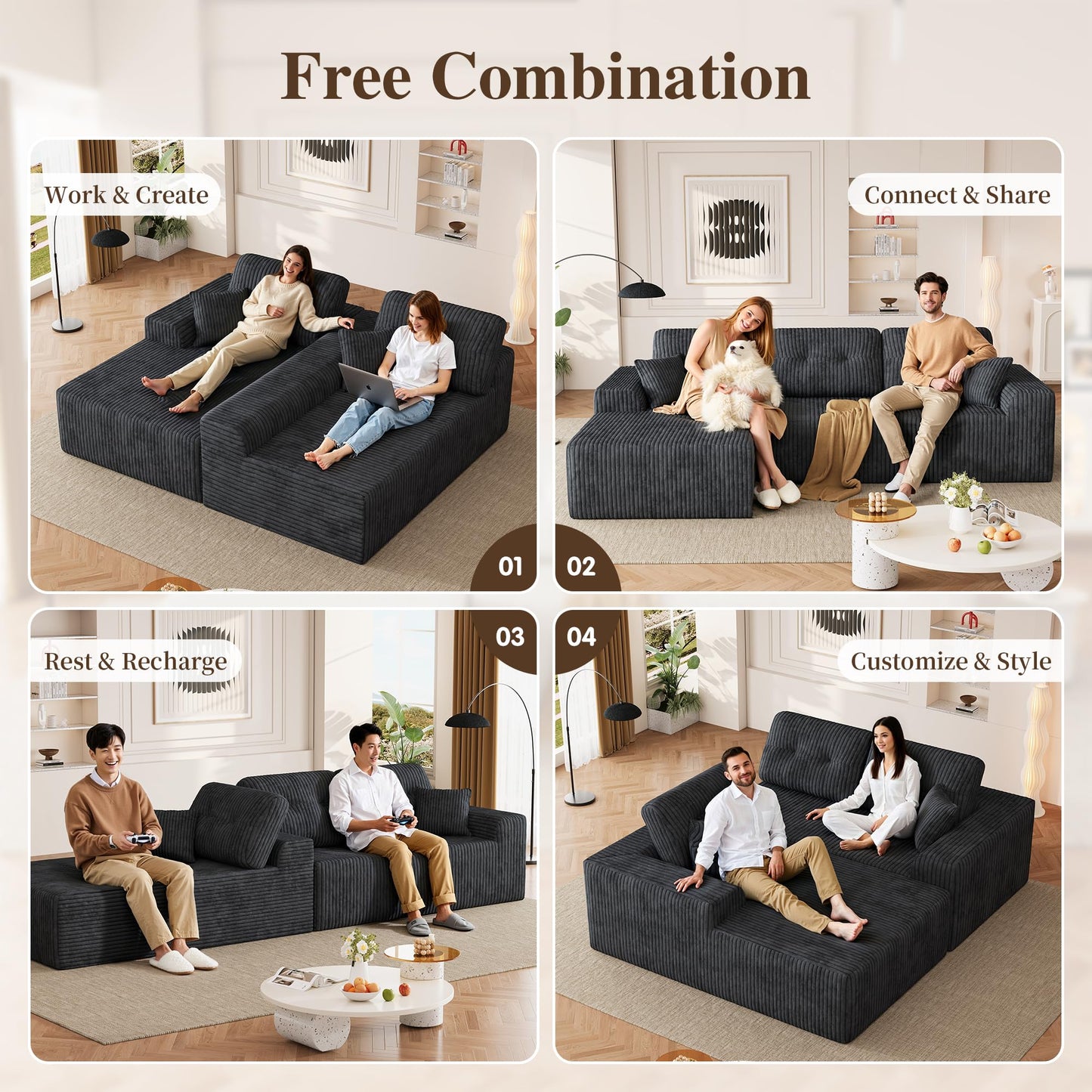 Ball & Cast 106" Boneless Sectional Sofa, Corduroy Modular L Shaped Couch with Deep Seat Chaise, Cloud Style Oversized Sofa for Living Room, No Assembly, Left Facing, Grey